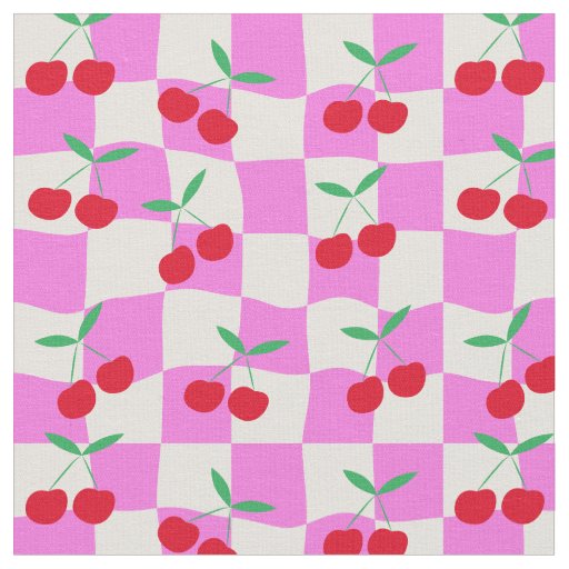Checkered Cherries on Pink Warped Checkerboards Fabric
