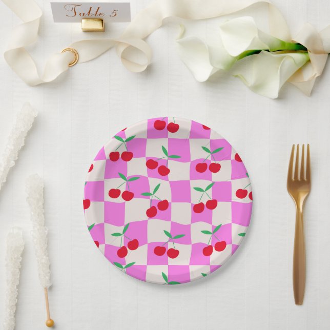 Checkered Cherries on Pink Warped Checkerboards  Paper Plates (Wedding)