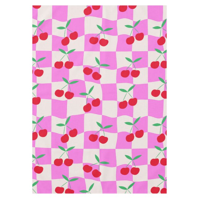 Checkered Cherries on Pink Warped Checkerboards  Tablecloth (Front)