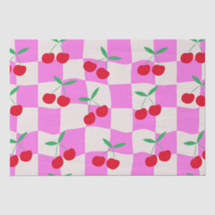 Checkered Cherries on Pink Warped Checkerboards Tissue Paper