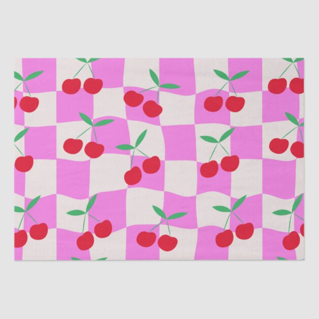 Checkered Cherries on Pink Warped Checkerboards  Tissue Paper (Front)