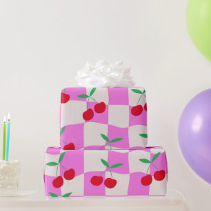 Checkered Cherries on Pink Warped Checkerboards Wrapping Paper