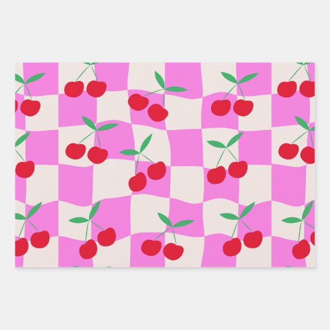 Checkered Cherries on Pink Warped Checkerboards  Wrapping Paper Sheets (Front)