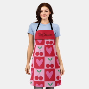 Checkered Cherries with Pink Hearts Custom Name Apron