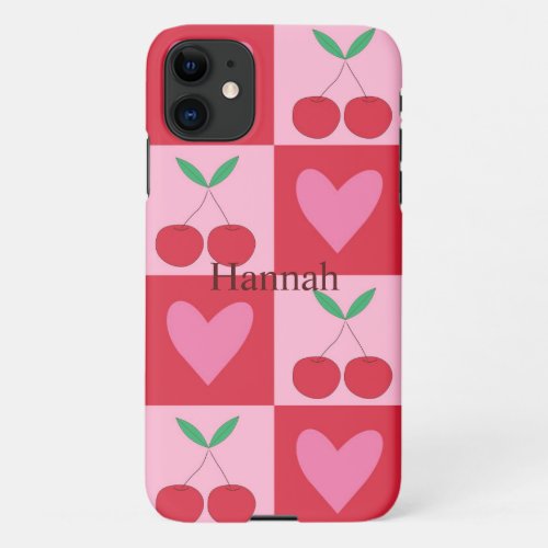 Checkered Cherries with Pink Hearts Custom Name  iPhone 11 Case
