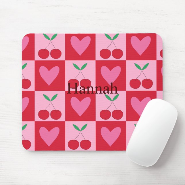 Checkered Cherries with Pink Hearts Custom Name  Mouse Pad (With Mouse)