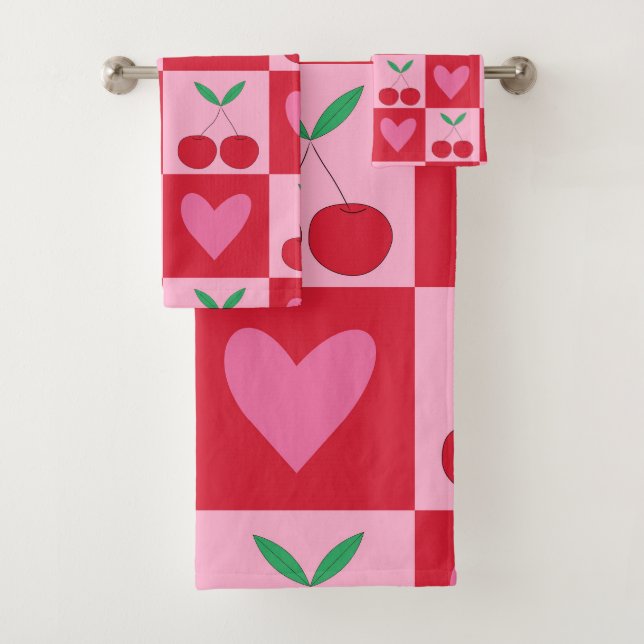 Checkered Cherries with Pink Hearts Pattern Bath Towel Set (Insitu)