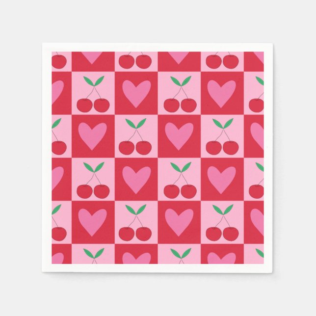 Checkered Cherries with Pink Hearts Pattern Napkins (Front)
