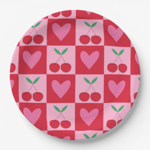 Checkered Cherries with Pink Hearts Pattern Paper Plates