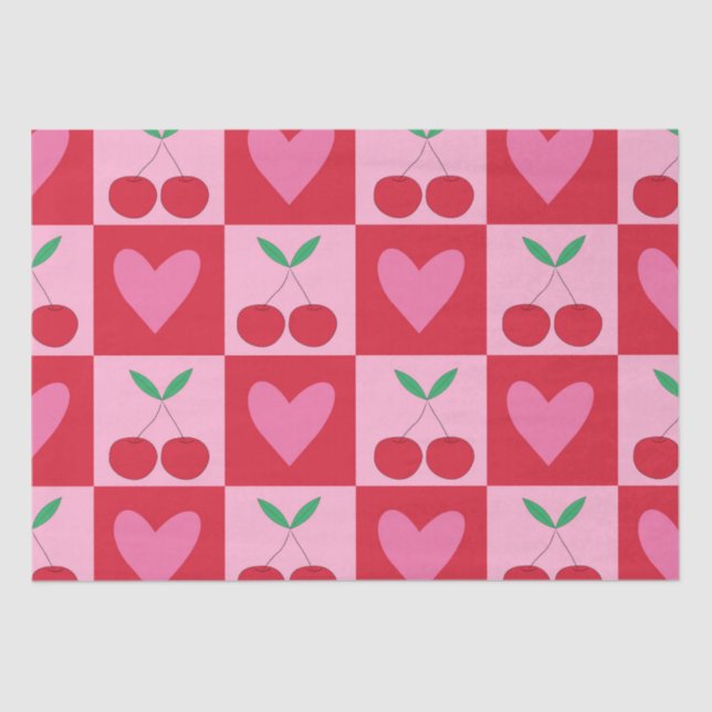 Checkered Cherries with Pink Hearts Pattern Tissue Paper (Front)