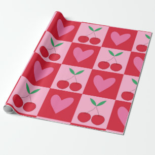 Checkered Cherries with Pink Hearts Pattern Wrapping Paper