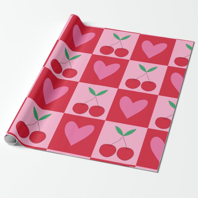 Checkered Cherries with Pink Hearts Pattern Wrapping Paper (Unrolled)
