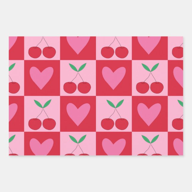 Checkered Cherries with Pink Hearts Pattern Wrapping Paper Sheets (Front)
