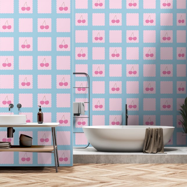 Checkered Cherry Pattern Retro Wallpaper (Bathroom)