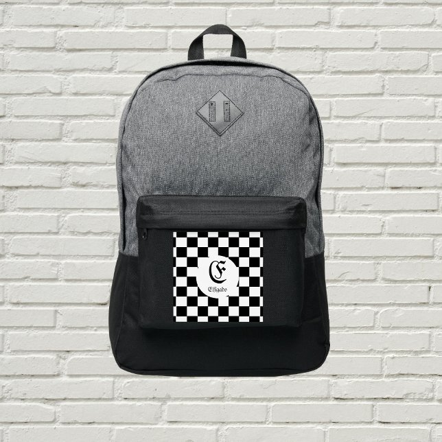 Checkered Chess Black and White - Name initial Port Authority® Backpack (Creator Uploaded)