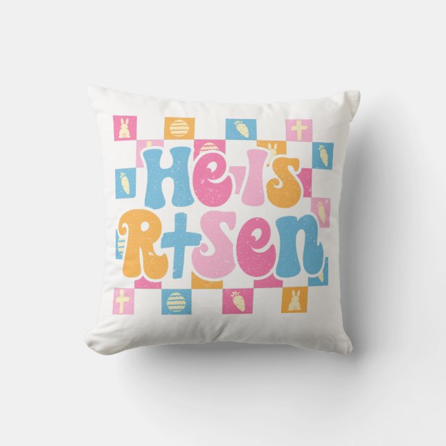 Checkered Christian Easter He is Risen Throw Pillow (Front)