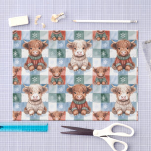 Checkered Christmas Highland Cow Red Green Blue Tissue Paper
