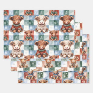 Checkered Christmas Highland Cow Red Green Blue  Wrapping Paper Sheets