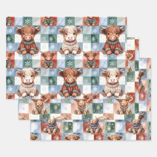 Checkered Christmas Highland Cow Red Green Blue  Wrapping Paper Sheets (Set)