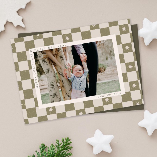Checkered Christmas Photo Holiday Card (holiday checkered Christmas photo card on beige background)