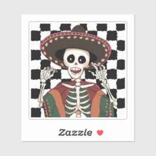 Checkered Cinco De Mayo Skull Poncho Sombrero Idea Sticker