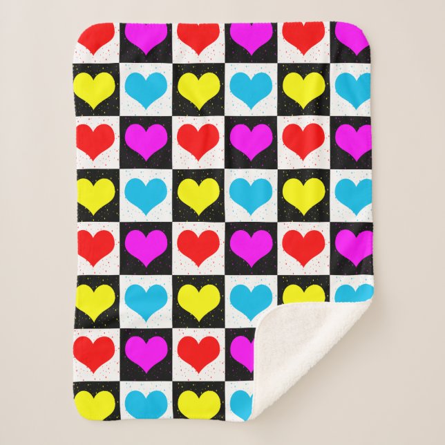 Checkered Colorful Hearts Pattern  Sherpa Blanket (Front)