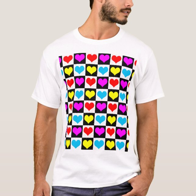 Checkered Colorful Hearts Pattern  T-Shirt (Front)