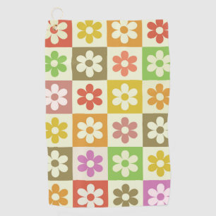 Checkered Colorful Retro Flowers Pattern Golf Towel