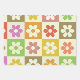 Checkered Colorful Retro Flowers Pattern Wrapping Paper Sheets