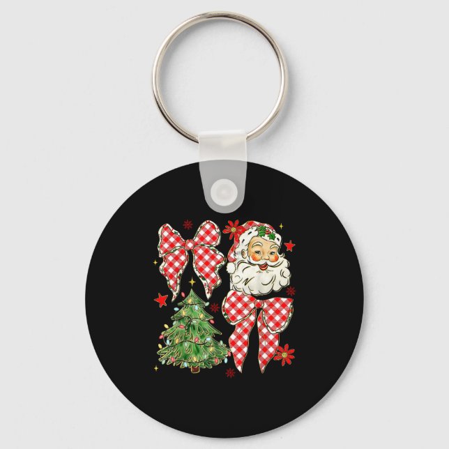 Checkered Coquette Bow Santa Claus Christmas Holid Keychain (Front)