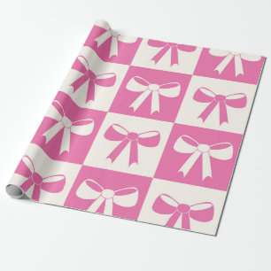 Checkered Coquette Girly Pink Bows Pattern  Wrapping Paper