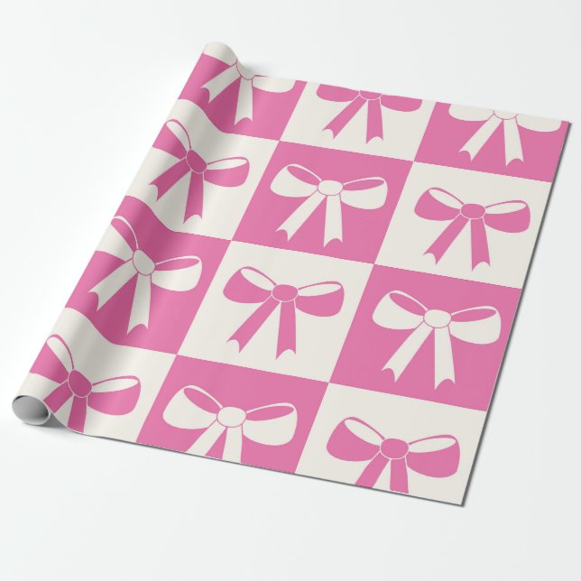 Checkered Coquette Girly Pink Bows Pattern  Wrapping Paper (Unrolled)