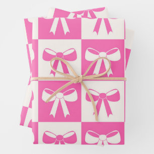 Checkered Coquette Girly Pink Bows Pattern  Wrapping Paper Sheets