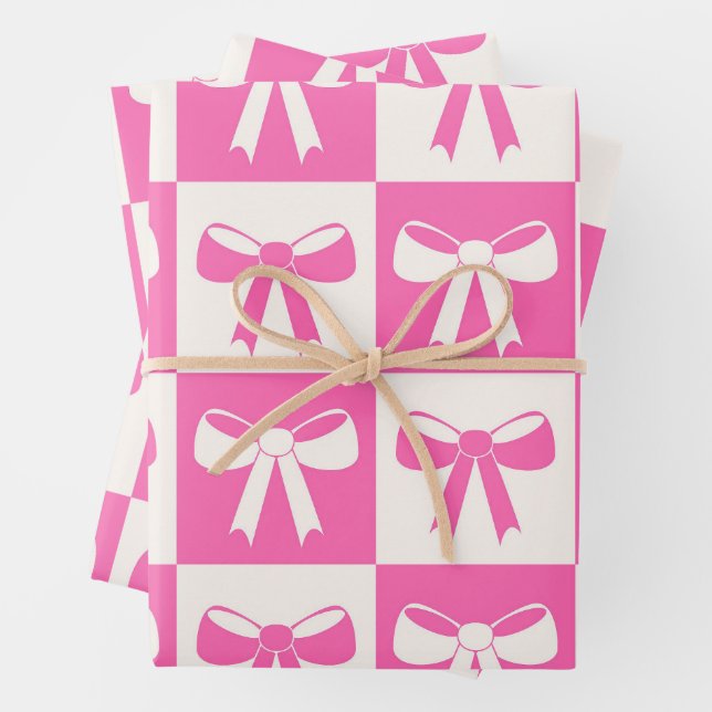Checkered Coquette Girly Pink Bows Pattern  Wrapping Paper Sheets (In situ)