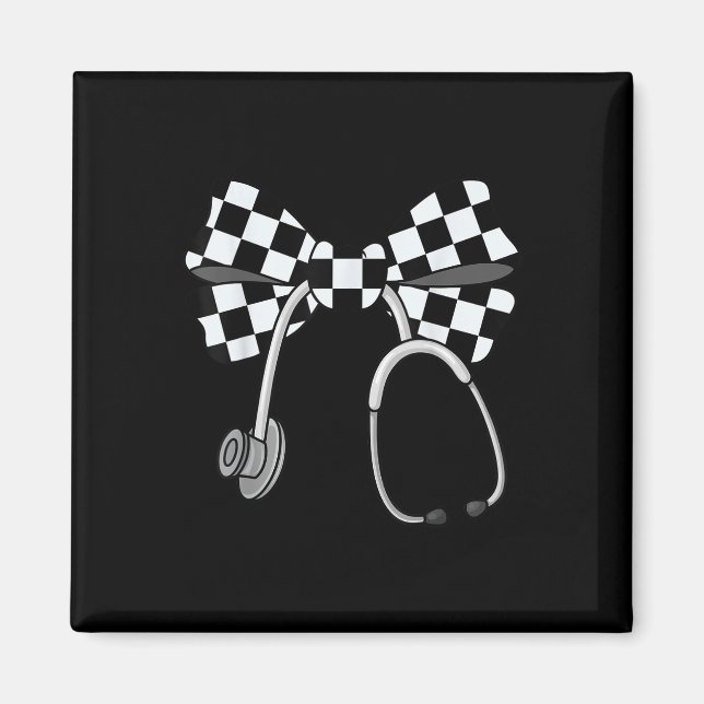Checkered Coquette Nurse Stethoscope Bow Checkered Magnet (Front)