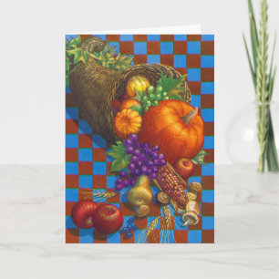 Checkered cornucopia Thanksgiving custom card