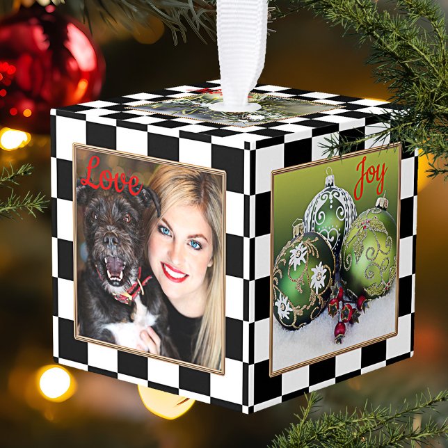 Checkered Custom Photo Cube Christmas Ornament (Photo cube ornament featuring your photos, framed by a black and white checkered pattern with gold)