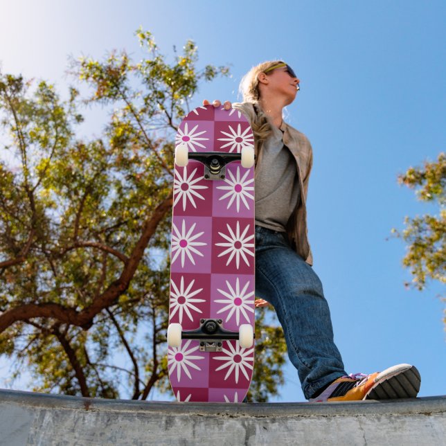 Checkered Daisies on Red and Pink Checkerboards  Skateboard (Outdoor 1)