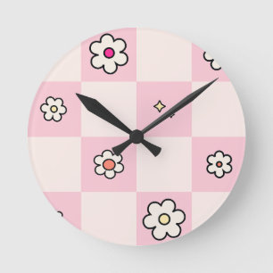 Checkered Daisies Pink Round Clock