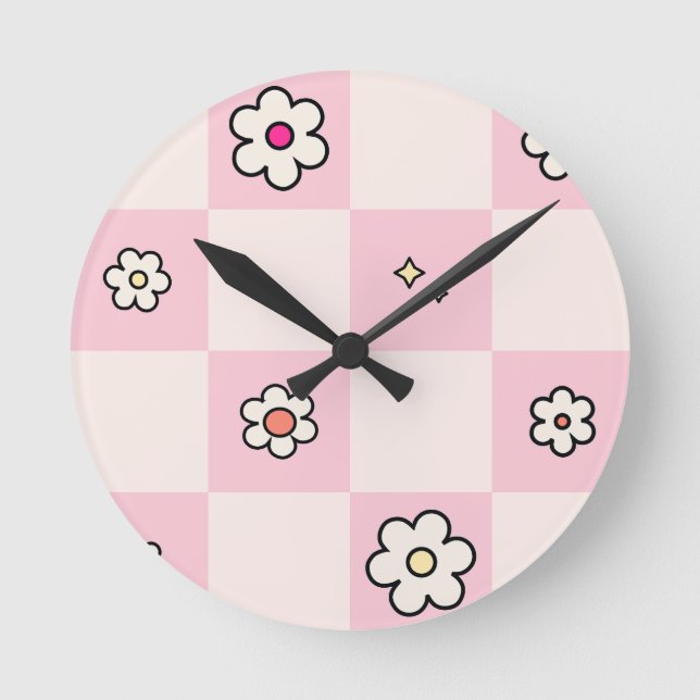 Checkered Daisies Pink Round Clock (Front)