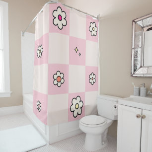 Checkered Daisies Pink Shower Curtain