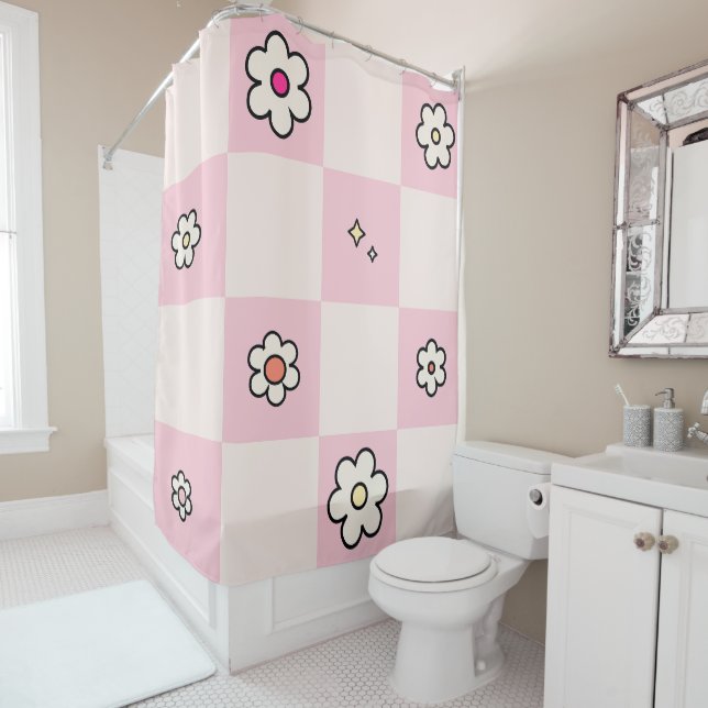 Checkered Daisies Pink Shower Curtain (In Situ)