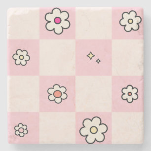 Checkered Daisies Pink Stone Coaster