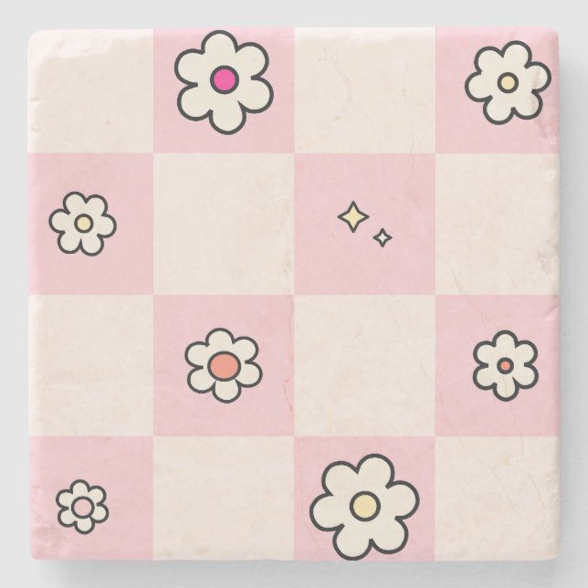 Checkered Daisies Pink Stone Coaster (Front)