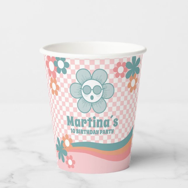 Checkered Daisy Birthday Party Paper Cups (Front)