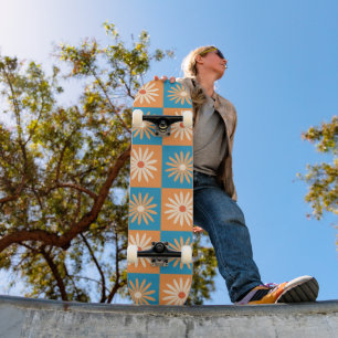 Checkered Daisy Flowers on Orange and Blue squares Skateboard