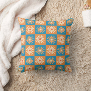 Checkered Daisy on Blue and Orange Checkerboards Throw Pillow