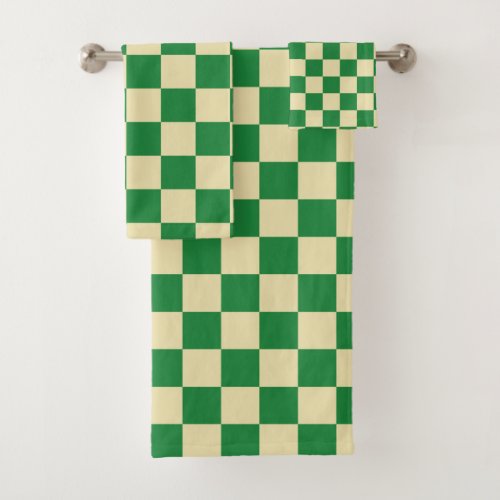 Checkered Dark Green and Beige Bath Towel Set