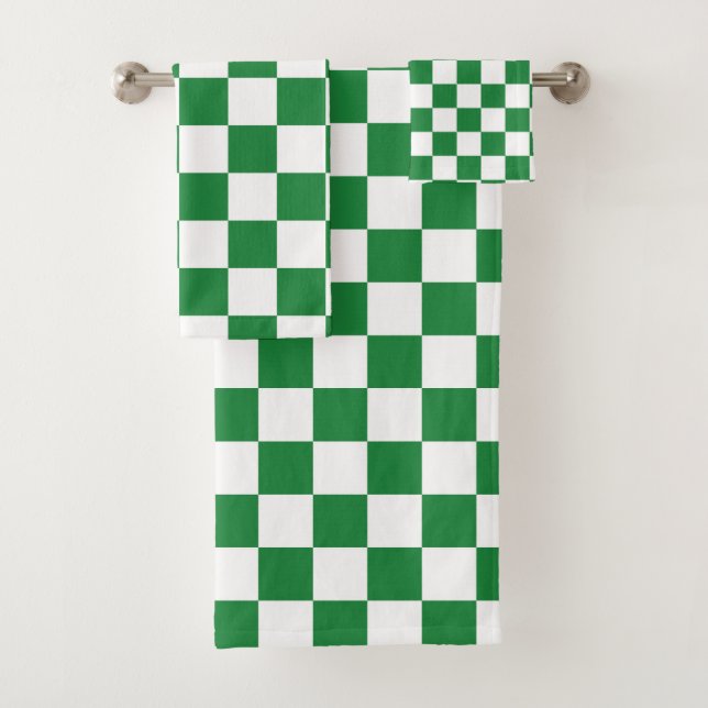 Checkered Dark Green and White Bath Towel Set (Insitu)