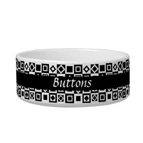 Checkered Diamond Square  Black White Pet Name Bowl